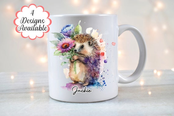 Personalised Watercolour Hedgehog Mug – 4 Designs, Hedgehog Gift, Matching Coasters Available, Cute Animal Lover Gift