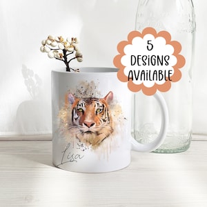 Big Cat Mug and Coaster Set – 5 Designs: Panther, Lion, Tiger, Leopard – Watercolour Splash Mug – Wildlife Lover Gift