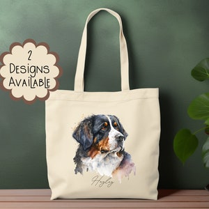 Watercolour Bernese Mountain Dog Canvas Tote Bag with Long Handle - Personalised Gift for Her
