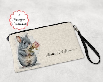 Personalised Watercolour Chinchilla Linen Makeup Bag with Strap - Versatile Cosmetic Pouch - Travel Gift - Large Pencil Case - Zip Pouch.