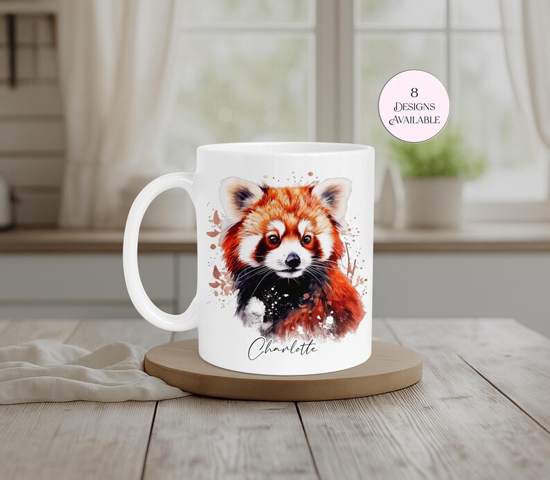 Custom red panda mug with a beautifully detailed watercolour red panda portrait and personalised name. A charming gift for nature lovers, zoo animal fans and anyone who adores red pandas. Ideal for birthdays, Mother's Day, Christmas or as a special personalised treat.