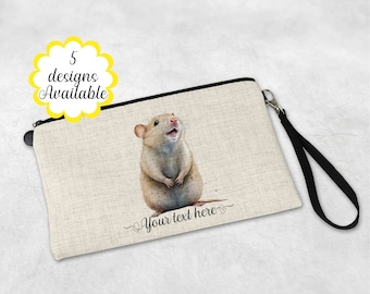 Personalised Watercolour Rat Linen Makeup Bag with Strap - Versatile Cosmetic Pouch - Travel Gift - Large Pencil Case - Zip Pouch, for her.