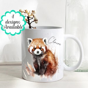 Personalised Watercolour red panda mug, red panda gift, 4 designs available. Coasters also available.