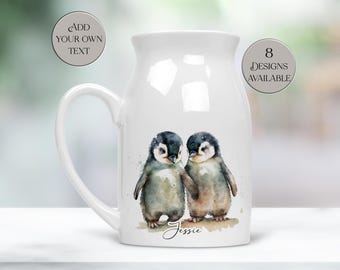 Personalised Penguin Milk Jug – Custom Name Ceramic Flower Vase –  Couple's Gift - Anniversary Present.