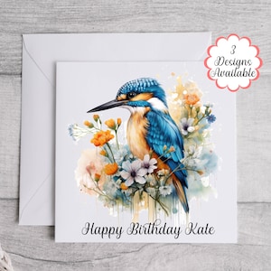 Carte d'anniversaire martin-pêcheur aquarelle personnalisée - cadeau pour elle/maman, carte de voeux pour un ami, cadeau pour amoureux des oiseaux