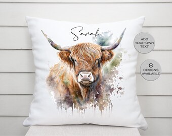 Watercolour Highland Cow Cushion - Soft Throw Pillow - Farmhouse Décor