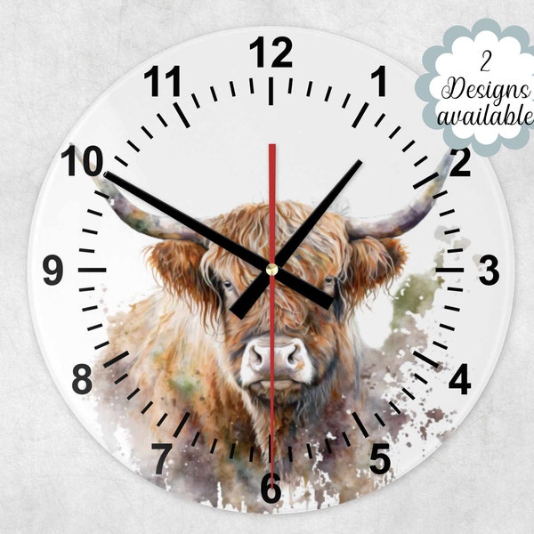 Élégante horloge murale en verre, vache des Highlands, aquarelle - Un incontournable pour la décoration intérieure des amateurs de vaches des Highlands