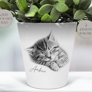 May include: White ceramic plant pot with a grayscale image of a sleeping kitten and the name "Amber" in cursive. The pot has a small plant on top and the text "Add Your Own Text" and "2 Designs Available" on the sides.