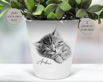 Custom Sketched Cat Plant Pot with Name | Ceramic Pen Holder | Makeup Brush Organizer | Cute Cat Lover Gift for Home | Desk Décor