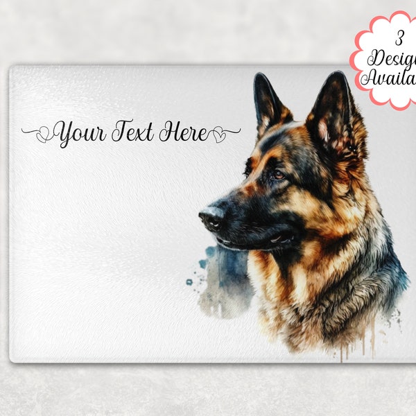 Personalised Beautiful German Shepherd glass chopping board. Cheese Board, House warming gift, Kitchen ware, Gift for her, dog gift.