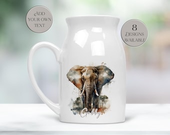 Watercolour Elephant Milk Jug – Personalised Flower Vase, Ideal Gift for Mothers, Friends, Grandmothers, Gift for Her, Elephant Home Décor