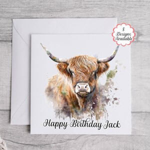 Carte d'anniversaire aquarelle vache Highland - texte modifiable pour une touche personnalisée, carte de voeux vache Highland