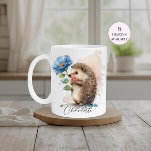 Floral hedgehog mug personalised with name, cosy cottagecore gift