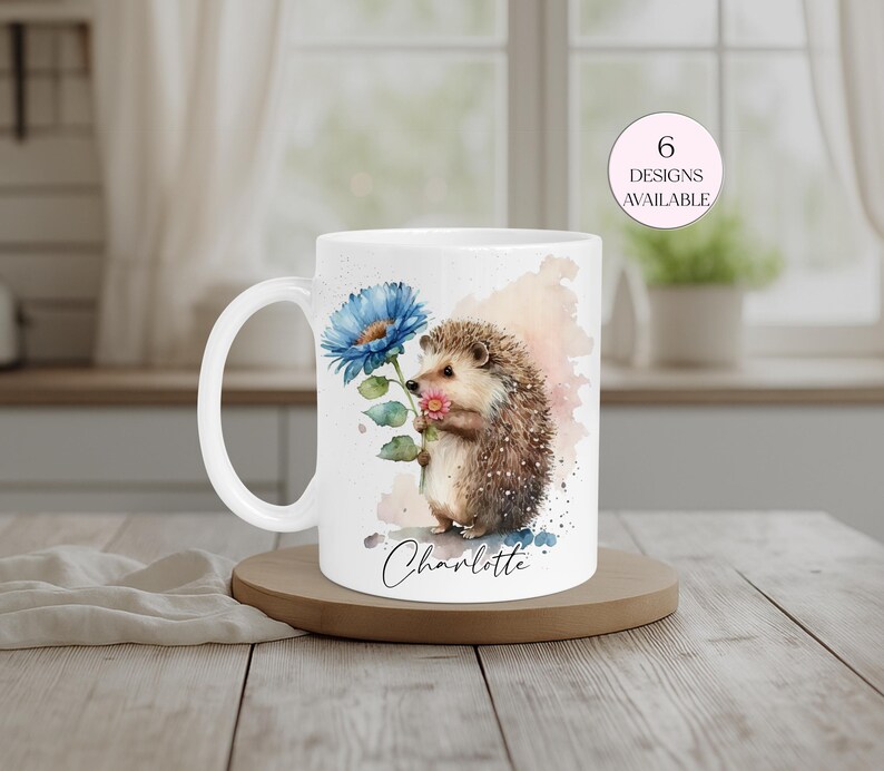 Floral hedgehog mug personalised with name, cosy cottagecore gift