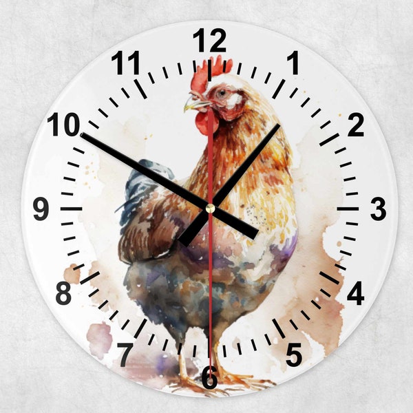 Belle horloge de poulailler aquarelle en verre, horloge murale. Aussi disponible en MDF, décoration poule.