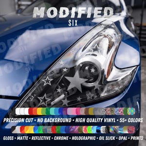 May include: A blue car headlight featuring a vinyl decal with various star shapes. The image includes text reading MODIFIED SIX and displays two rows of color swatches showing options like gloss, matte, reflective, chrome, and holographic finishes.