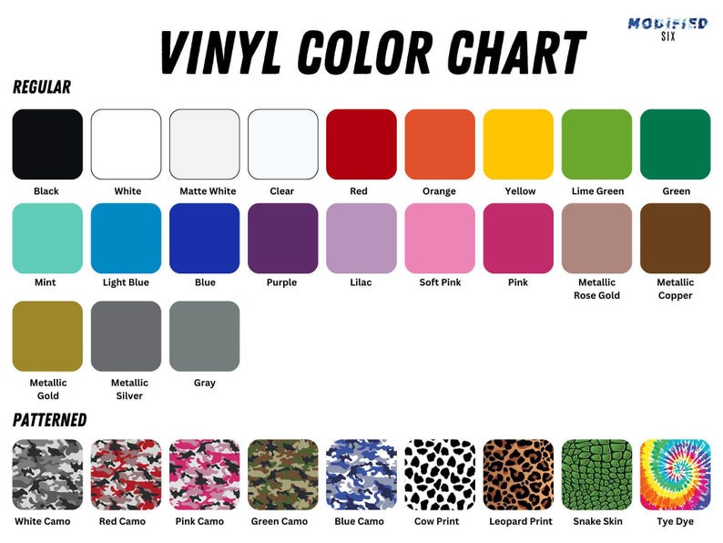 Puede incluir: Una tabla de colores de vinilo con una variedad de colores lisos y estampados. Los colores lisos incluyen negro, blanco, rojo, naranja, amarillo, verde y azul. Las opciones estampadas incluyen camuflaje, estampado de vaca, leopardo y tie-dye.