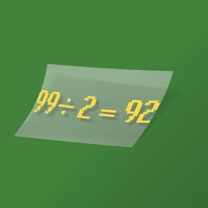 May include: A yellow sticky note with the equation "99 ÷ 2 = 92" written on it.