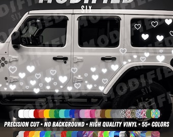 DIY Reflective Heart Decal Pack 1"–5" – Individual Vinyl Stickers for Jeep Wrangler, Grand Cherokee & Most SUVs (55+ Colors)