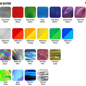 Puede incluir: Una exhibici&oacute;n de productos con acabados de purpurina hologr&aacute;fica, reflectante, aceite y &oacute;palo. La imagen muestra una gama de colores, incluyendo negro hologr&aacute;fico, plata, rojo, verde, azul marino, azul, morado, rosa y dorado. El texto "MODIFIED SIX" est&aacute; en la esquina superior derecha.