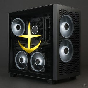 Puede incluir: Una caja de ordenador negra con un panel lateral de vidrio, que muestra componentes internos y ventiladores iluminados. Un emblema amarillo se muestra prominentemente en el vidrio. La caja presenta m&uacute;ltiples ventiladores de refrigeraci&oacute;n con luces blancas brillantes.