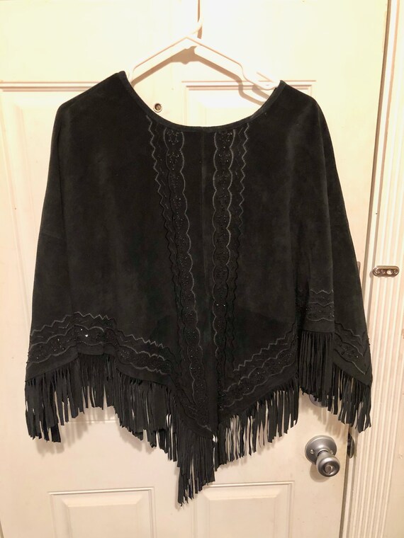 Black suede poncho/cape with fringe