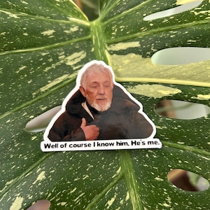 Puede incluir: Una pegatina con un hombre con barba blanca y el texto "Well of course I know him. He's me." La pegatina está sobre una hoja verde y blanca moteada.