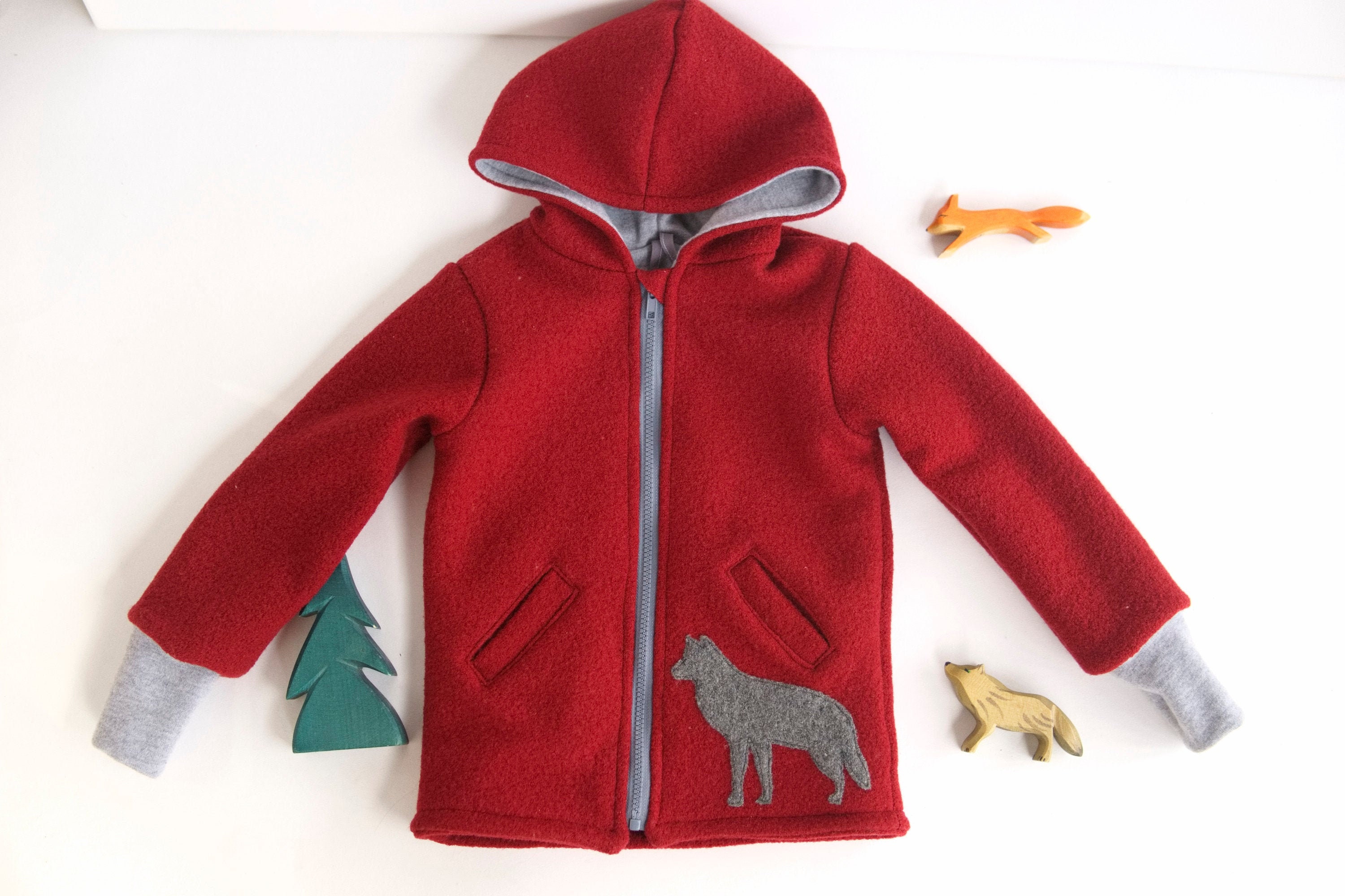 Wollwalk Wendejacke Mit Fuchs - Zipfelmützenjacke Grün Größe 122-128