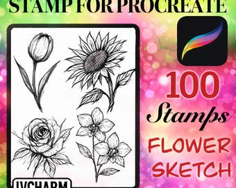 Brushes Stamp for Procreate- 100 Stamps Flower Sketch Botanical tattoo design oryginal ideas