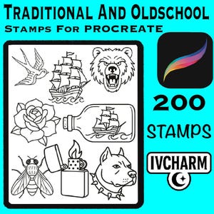 Brushes Stamp for Procreate - 200 Stamps - Traditional and Oldschool Tattoo Brushes.