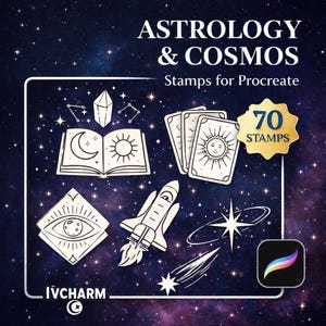 Astrology & Cosmos 70 Procreate Stamps, Space, Celestial Symbols, Minimalist Tattoo Design.