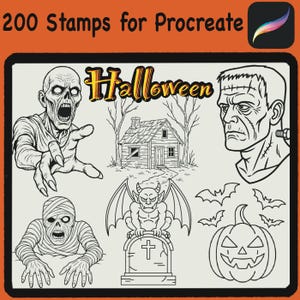 Może przedstawiać: Cyfrowe stemple do Procreate z ilustracjami o tematyce Halloween. Zawiera zombie, nawiedzony dom, potwora Frankensteina, mumię, gargulca, nietoperze i dynię. Tekst brzmi "200 Stempli dla Procreate" i "Halloween".