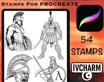 Spartan Warriors Procreate Stamps 54 Ancient Greek Warrior Brushes, Spartan Soldier, Helmet, Shield & Sword.