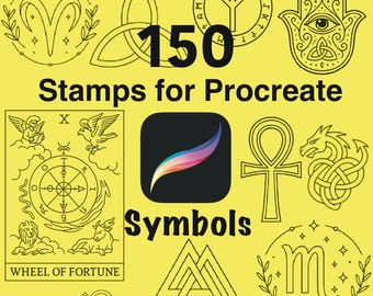 May include: A yellow graphic featuring 150 stamps for Procreate, including symbols like an Aries ram, a Celtic knot, a rune circle, a Hamsa hand, and a tarot card. The word "Symbols" is also displayed.