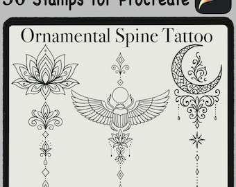 May include: Digital stamps for Procreate featuring ornamental spine tattoo designs. The image displays three black line art illustrations: a lotus flower, a scarab beetle with wings, and a crescent moon with star and drop details.