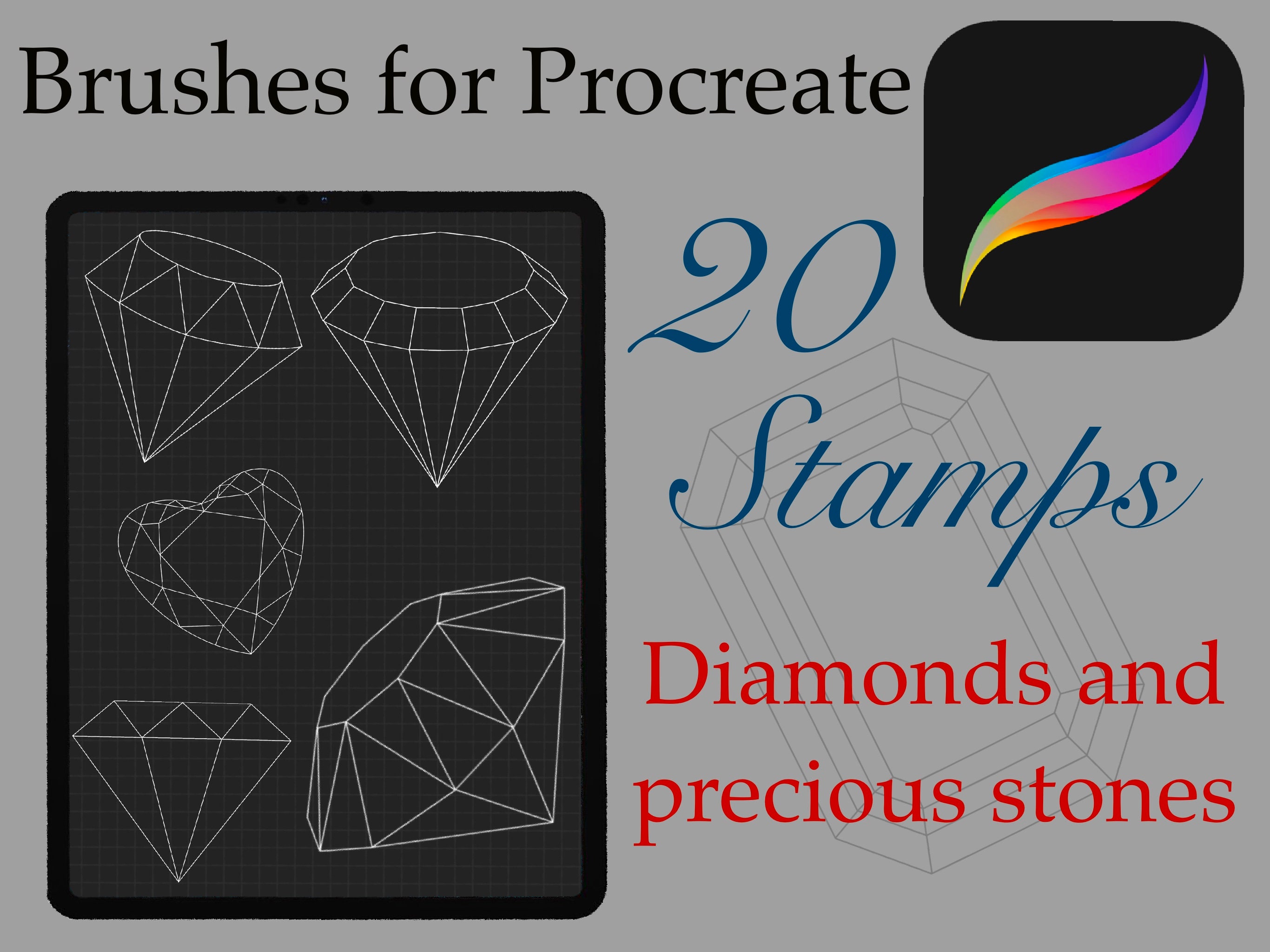 Diamantes (12) y Piedras Preciosas (8) – Set de sellos Procreate: 20 pinceles para tatuaje y arte vintage