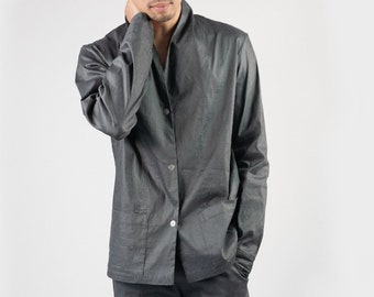 ELEGANT Shawl Jacket, Minimalist Gray Men Jacket, Buttoned Down Blazer, Handmade Slowfashion, Suit, Japanese Men Jacket, Summer Jacket