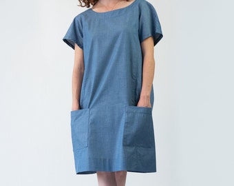 Sukienka tunika YAEL Jeans Color, bawełniana sukienka o kroju ołówkowym z kieszeniami, do kolan, ręcznie robiona, Slowfashion, dekolt w serek, niebieska sukienka letnia