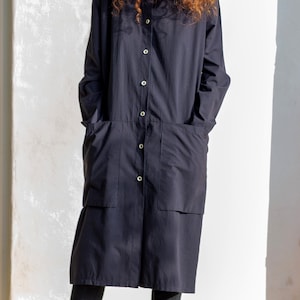 100% Cotton Black Long Lightweight Women Jacket with &quot;Book size pocket&quot;, Convertible Buttoned Up Long Sleeves Dress, Women casual jacket