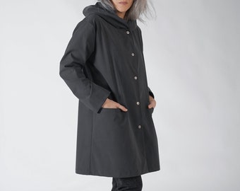 Womens Hooded Button Down Coat with Pockets, Dark Gray Cotton Winter Coat, Minimalist Hoodie Jacket, Women Casual Short Coat, Loose fit Coat