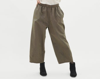 Tobi Trousers Japanese Style Loose Plaid Green Pants Culottes Mid Waist Ankle Length Trousers High Quality Crispy Cotton Baggy 90' style