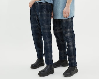 Rina Pants Elastic Waist Unisex Pants Big Pockets High Quality Corduroy Plaid Cotton Blue Gray Straight Leg Casual Trousers Customized Pants