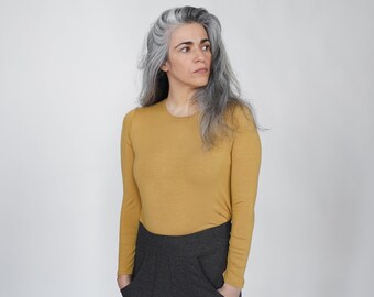 Basic Long Sleeve Tricot Cotton Top,Crew Neck Long Tees,Minimalist Fitted Blouse, Ochre Soft Cotton Top,Women Casual Top, Natural Women Top