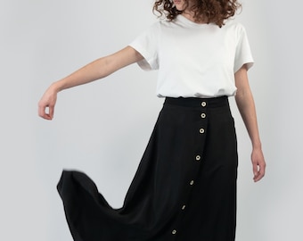Long Skirt With Buttons Black Long Skirt Light Flared Skirt High Waist Long Skirt Elegant Skirt with Buttons  Womens Long Skirt