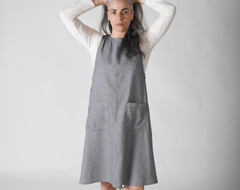 Apron Dress with Pockets, Blue and White Check Pinafore Dress, Cotton Wool Winter Dress, Oversize Apron Dress, Sleeveless LooseMidi Dress