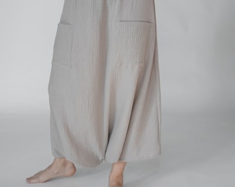 Japanese Skirt 100% Cotton Gauze, Women Elastic High Waisted Pants, Minimalist Loose Long Skirt with Pockets, Women Comfy Harem Pants