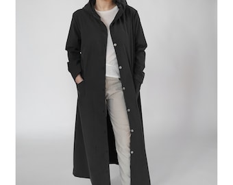 Hooded Long Coat with Pockets, Button Down Coat, Dark Gray Cotton Women Winter Coat, Minimalist Hoodie Long Jacket, Women Casual Maxi Coat