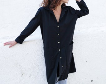 Black Long Shirt Dress 100% Cotton with &quot;Book size pocket&quot;, Long Sleeves Buttoned Up Dress - Long Lightweight Jacket - Convertible Dress