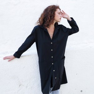 Black Long Shirt Dress 100% Cotton with &quot;Book size pocket&quot;, Long Sleeves Buttoned Up Dress - Long Lightweight Jacket - Convertible Dress