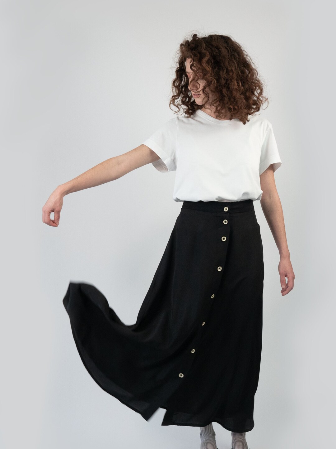【INCHANT ME】Bobo Button Long Flared Skirt Long Skirt With Buttons Black Long Skirt Light Flared Skirt